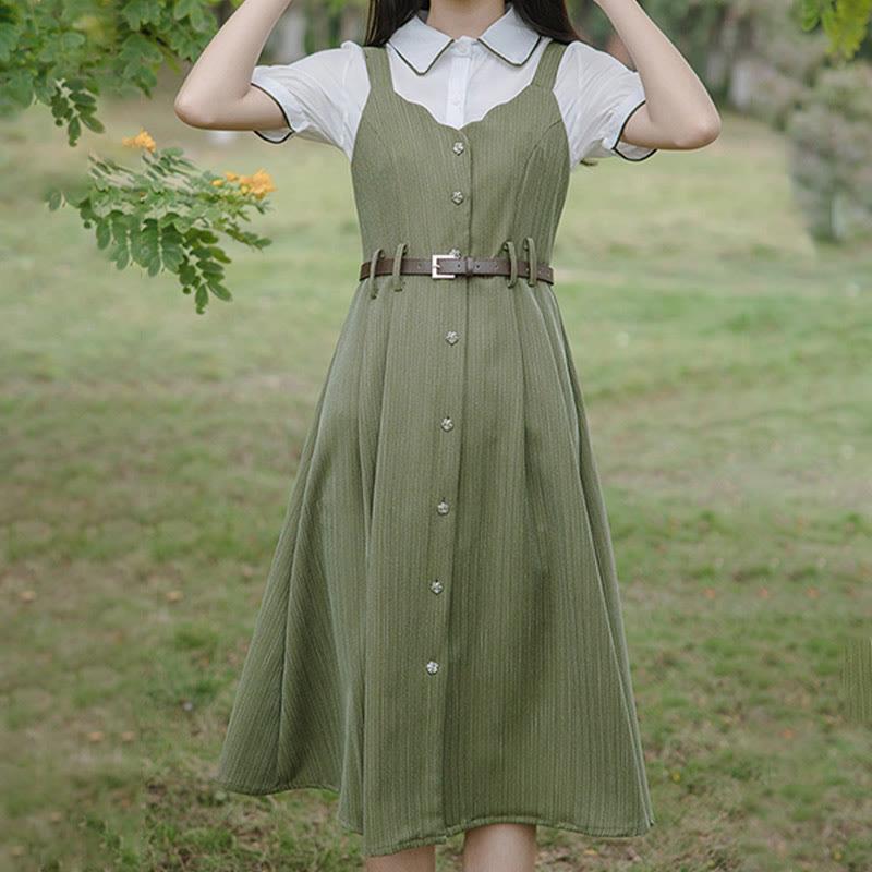 Button Belted Overalls Dress Pure Color Blouse Two Pieces  |   Dresses Clothing Apricot Blouse