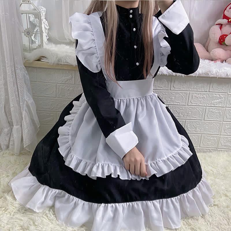 Button Long Sleeve Ruffled Lolita Maid Dress  |   Dresses Clothing Black