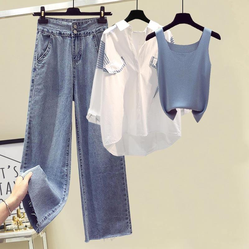 Cami Top Stripe Shirt Denim Pants Three Pieces  |   Pants Clothing Pants