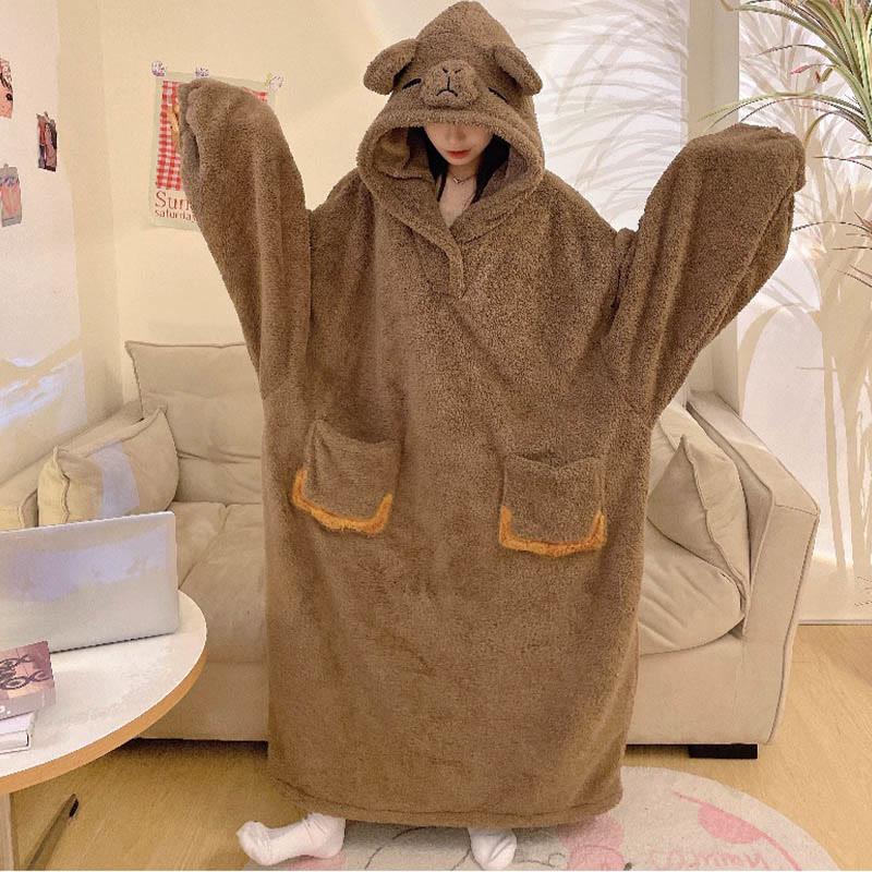 Capybara Plush Hooded Loose Jumpsuit Pajamas Dress  |   Pajamas Clothing Brown