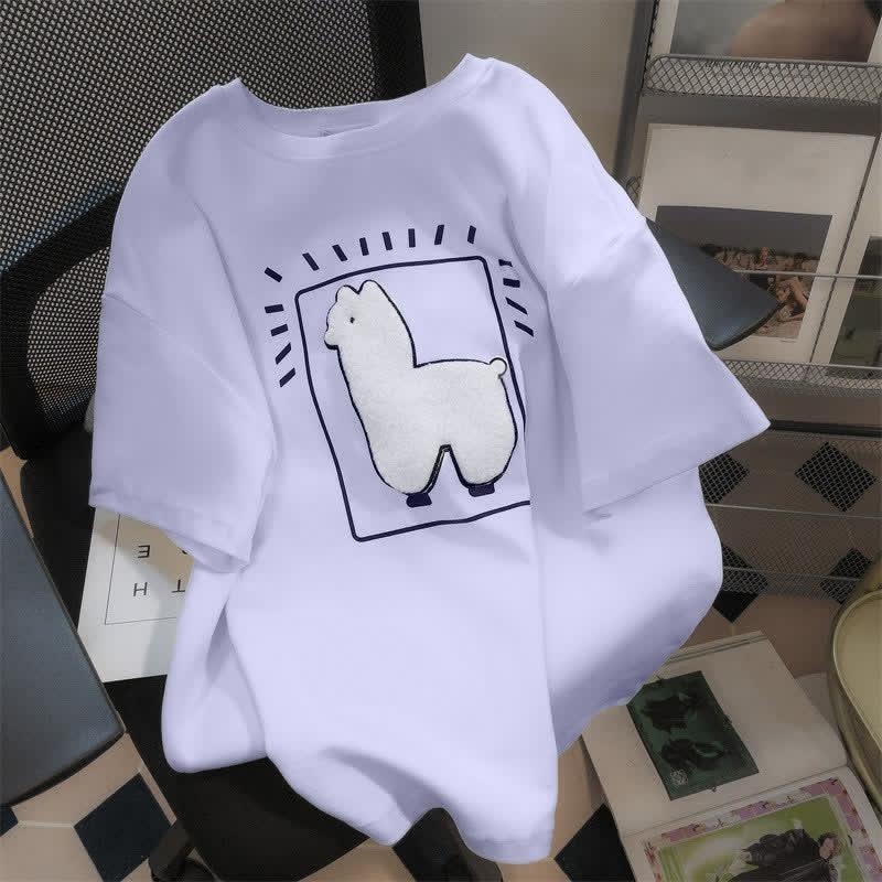 Cartoon Alpaca Embroidery Loose T-Shirt  |   T-Shirts Clothing T-Shirts