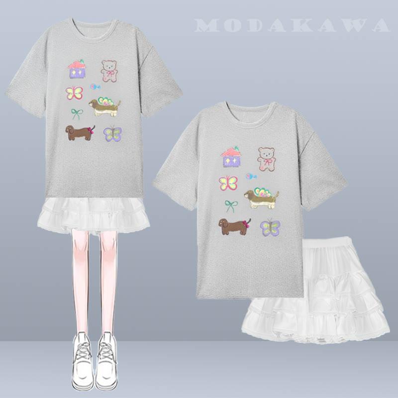 Cartoon Animal Pattern T-Shirt Ruffled Layered Mini Skirt  |   Skirts Clothing Set