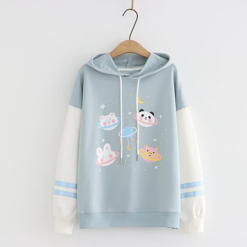 Cartoon Animals Planet Print Colorblock Sleeve Hoodie  |   Sweatshirts & Hoodies Clothing Blue