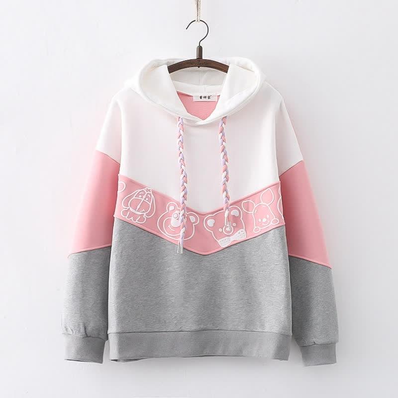 Cartoon Animals Print Colorblock Loose Plush Hoodie  |   Sweatshirts & Hoodies Clothing Black