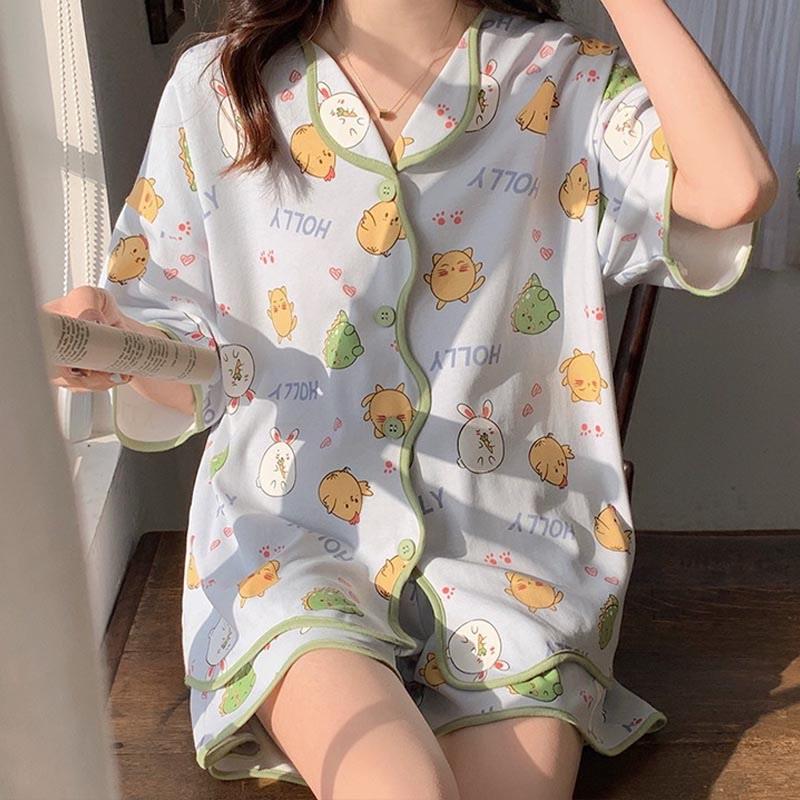 Cartoon Animals Print Summer Cotton Pajamas Set  |   Pajamas Clothing Blue