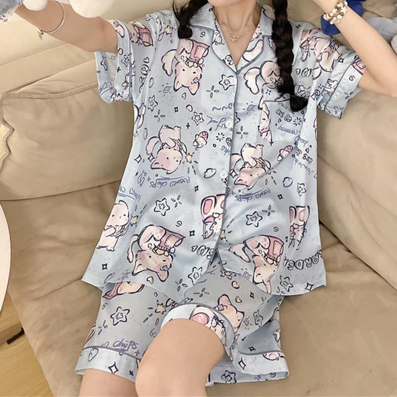 Cartoon Animals Print Summer Pajamas Two Piece Set  |   Pajamas Clothing Blue