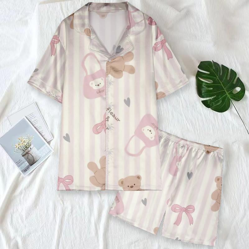 Cartoon Bag Bear Bow Print T-Shirt Shorts Pajamas  |   Shorts Clothing Pajamas