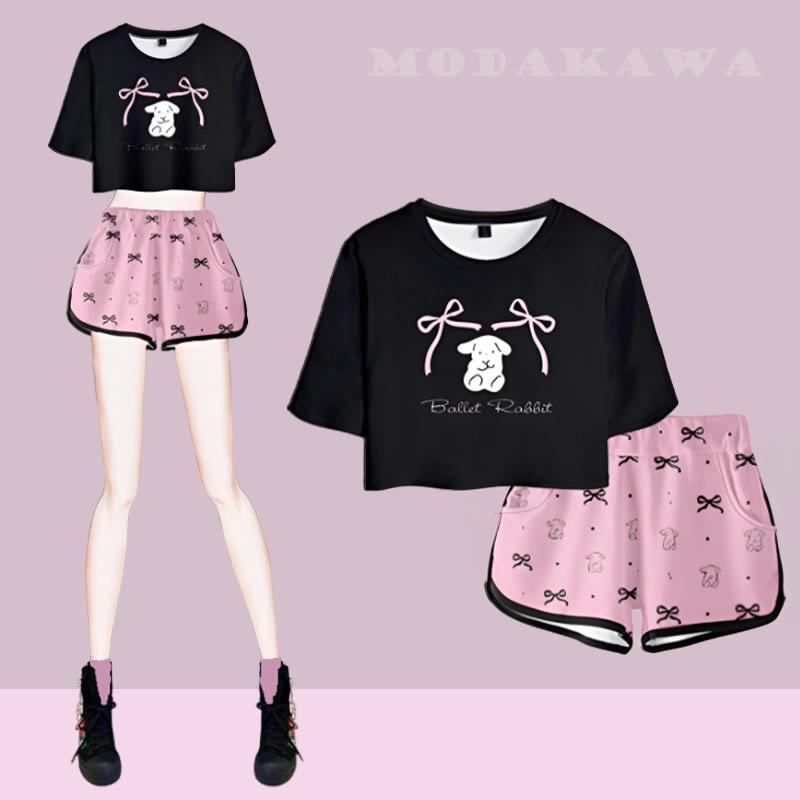 Cartoon Ballet Rabbit Pattern Crop Top T-Shirt Shorts  |   T-Shirts Clothing Shorts