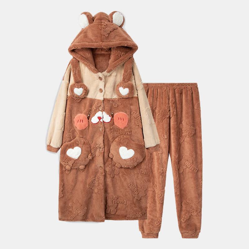 Cartoon Bear Colorblock Plush Hooded Pajamas Set  |   Pajamas Clothing Brown