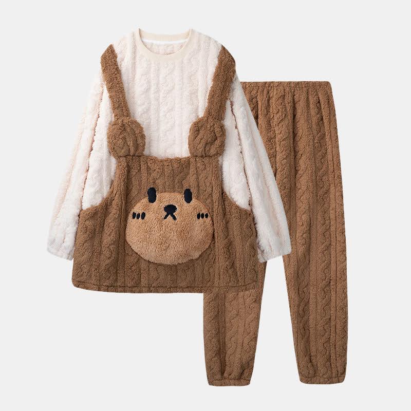 Cartoon Bear Colorblock Round Collar Plush Pajamas Set  |   Pajamas Clothing Brown