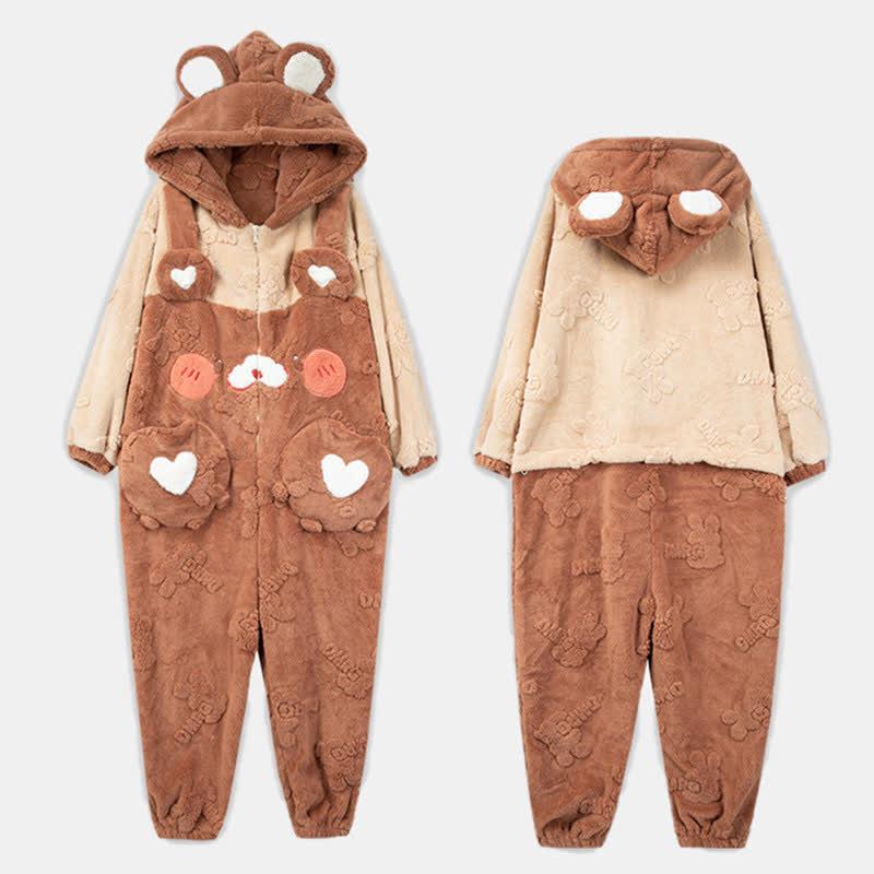 Cartoon Bear Colorblock Zipper Plush Hooded Jumpsuit Pajamas  |   Pajamas Clothing Brown