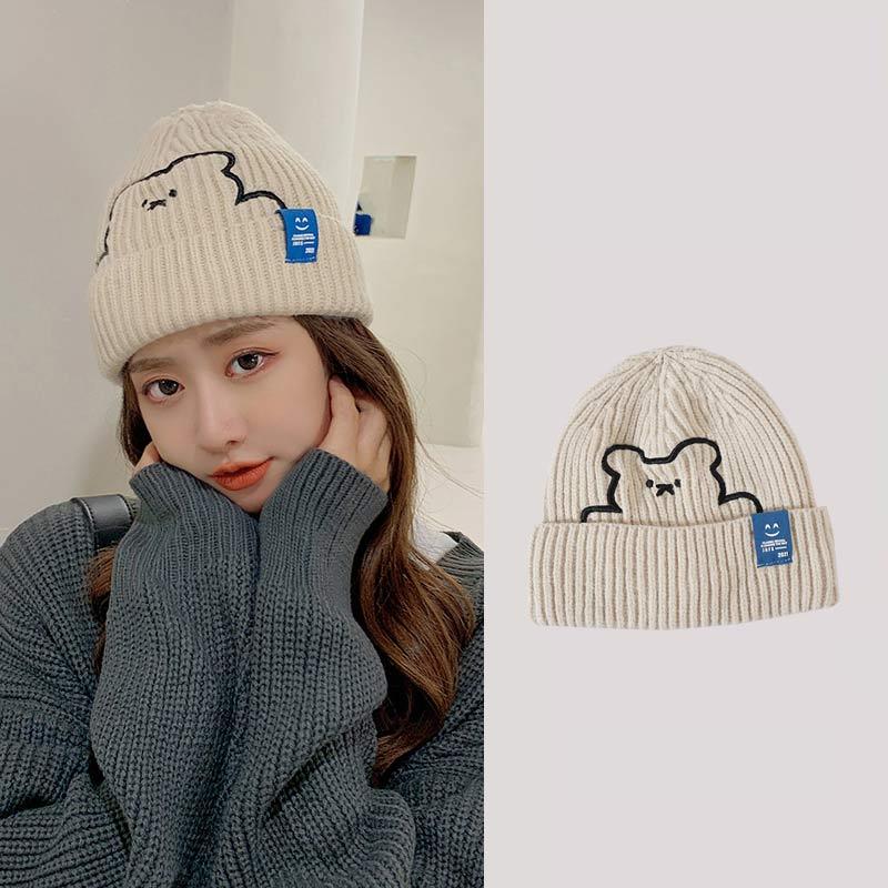 Cartoon Bear Embroidery Knit Hat  |   Hats & Scarfs Accessories Beige