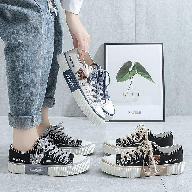 Cartoon Bear Embroidery Lace Up Canvas Shoes  |   Sneakers Shoes Black&Apricot