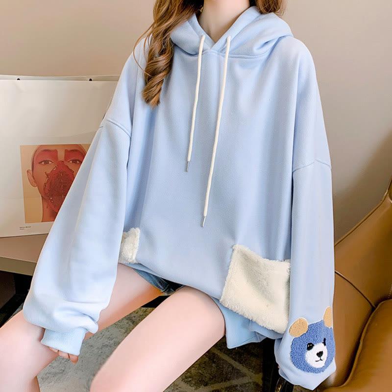 Cartoon Bear Embroidery Pocket Loose Plush Hoodie  |   Sweatshirts & Hoodies Clothing Blue