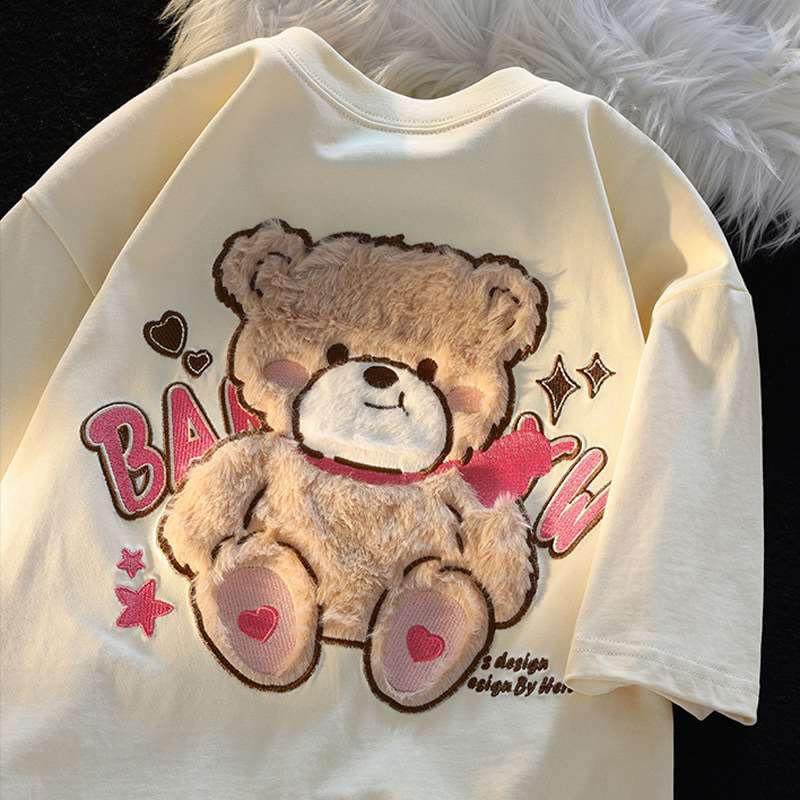 Cartoon Bear Flocking Print Casual Short Sleeve T-Shirt  |   T-Shirts Clothing Beige