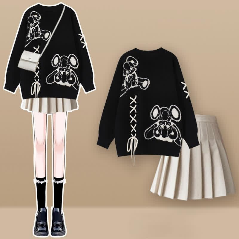 Cartoon Bear Lace Up Sweater Pleated Skirt Two Pieces Set  |   Sweater Clothing Apricot Set