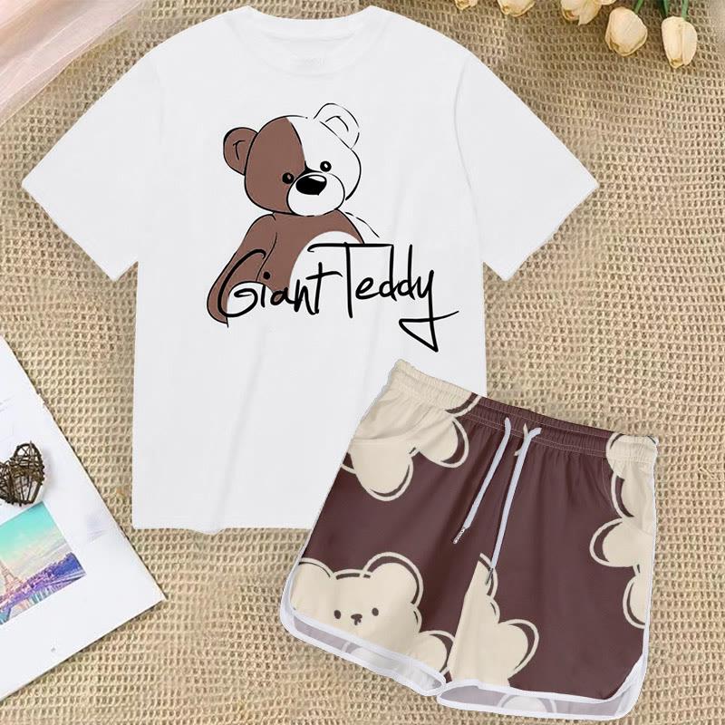 Cartoon Bear Letter Print Casual T-Shirt Shorts  |   T-Shirts Clothing Set