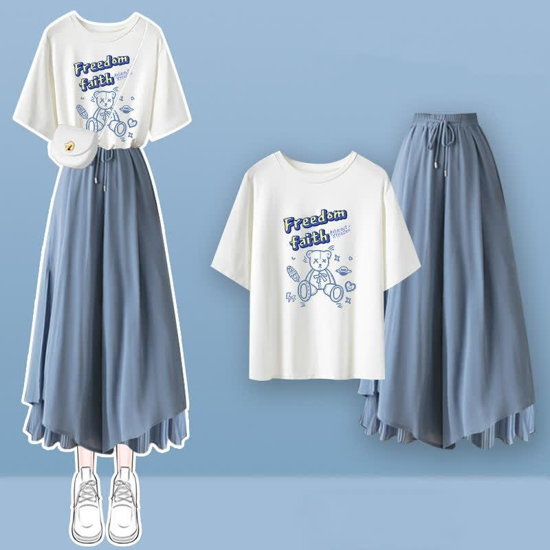 Cartoon Bear Letter Print T-Shirt Pantskirt Two Pieces  |   Pants Clothing Pants