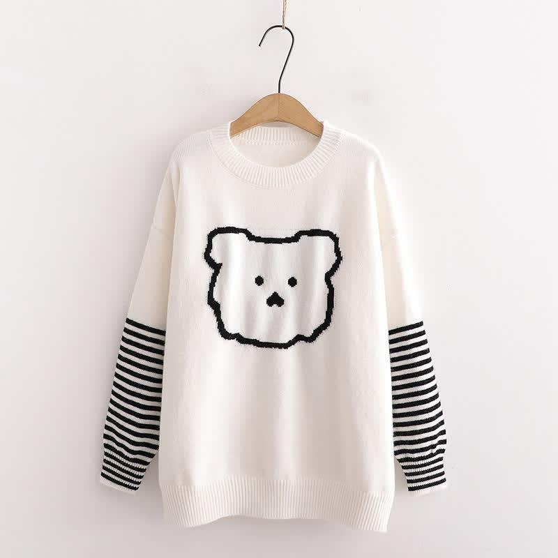 Cartoon Bear Pattern Stripe Sleeve Knit Sweater  |   Sweater Clothing Black