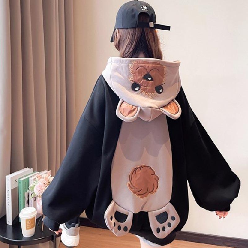 Cartoon Bear Pocket Loose Hoodie  |   Sweatshirts & Hoodies Clothing Black