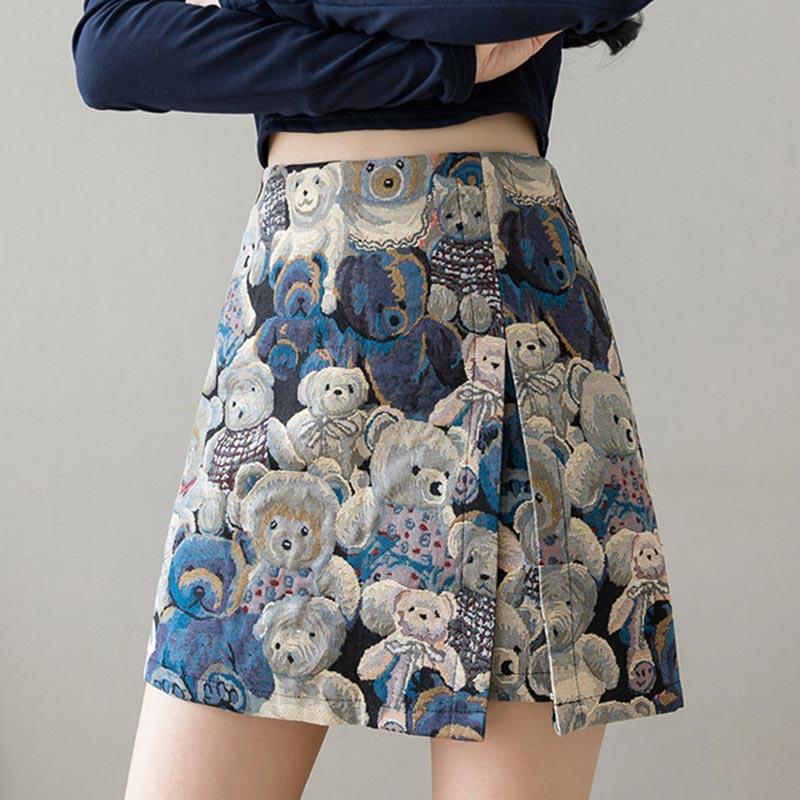 Cartoon Bear Print A-Line Skirt  |   Skirts Clothing Blue