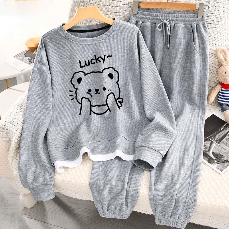 Cartoon Bear Print Casual Sweatshirt Pants Set  |   Sweatshirts & Hoodies Clothing Beige