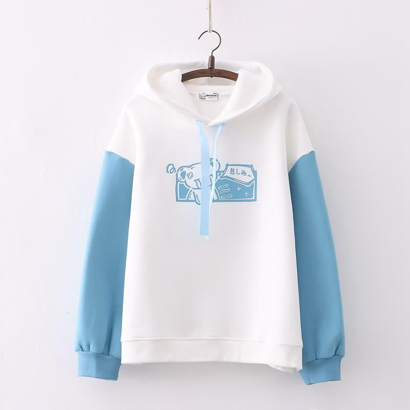 Cartoon Bear Print Colorblock Sleeve Plush Hoodie  |   Sweatshirts & Hoodies Clothing Blue