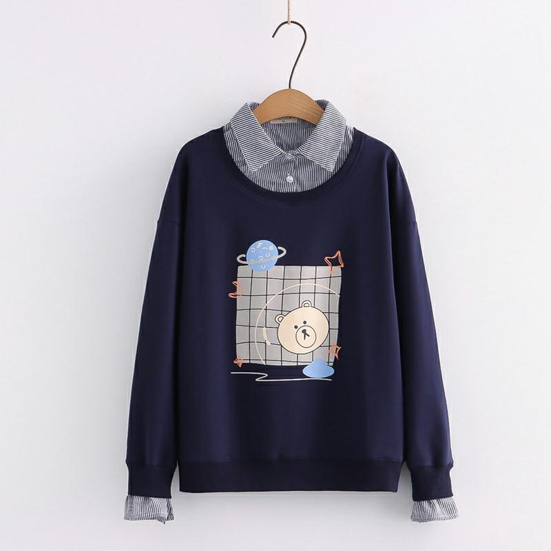 Cartoon Bear Print Fake Two Pieces Sweatshirt  |   Sweatshirts & Hoodies Clothing Purplish Blue