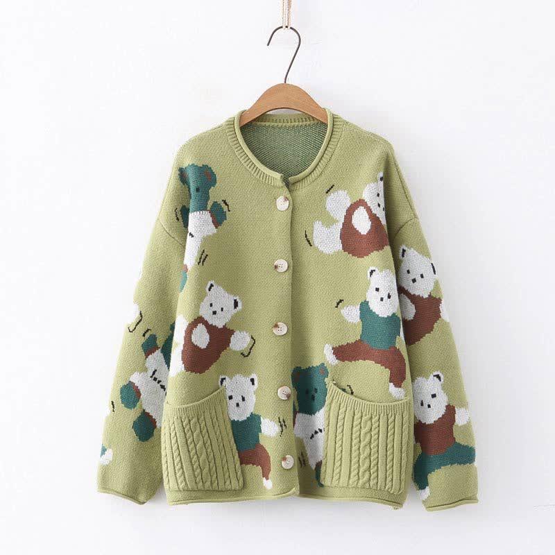 Cartoon Bear Print Pocket Knit Cardigan Sweater  |   Sweater Clothing Beige