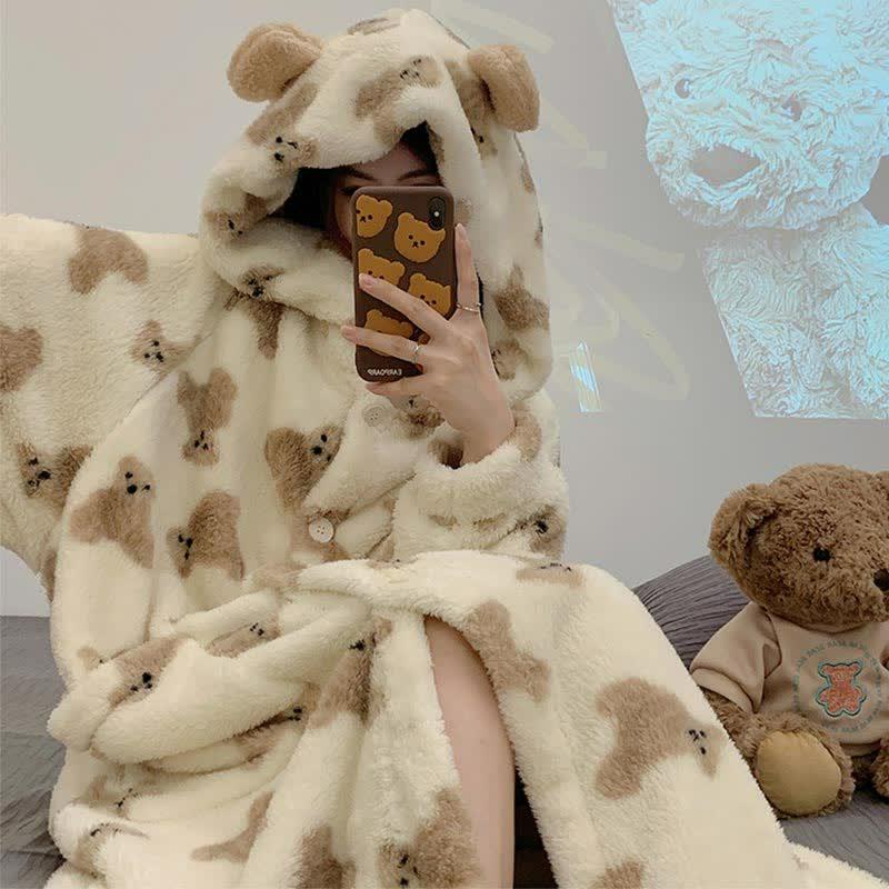 Cartoon Bear Print Pocket Plush Hooded Pajamas Dress  |   Pajamas Clothing Apricot