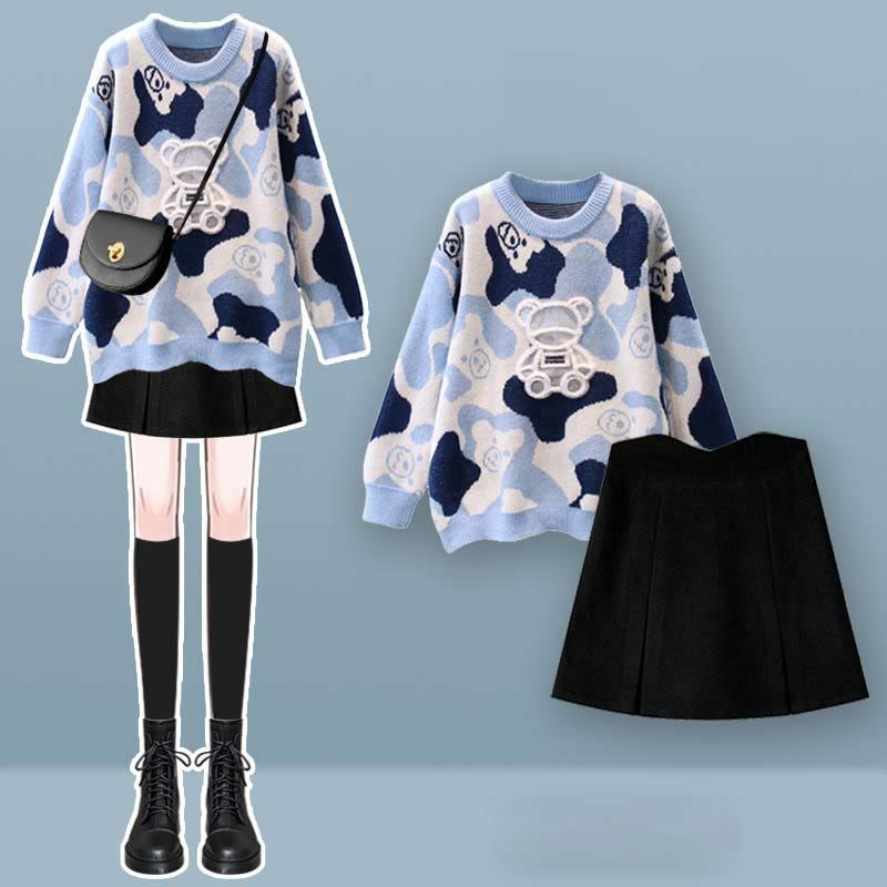 Cartoon Bear Print Sweater Split Skirt Two Pieces Set  |   Sweater Clothing Blue Set