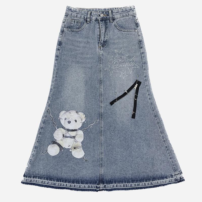 Cartoon Bear Print Y2K Denim Skirt  |   Skirts Clothing Belt