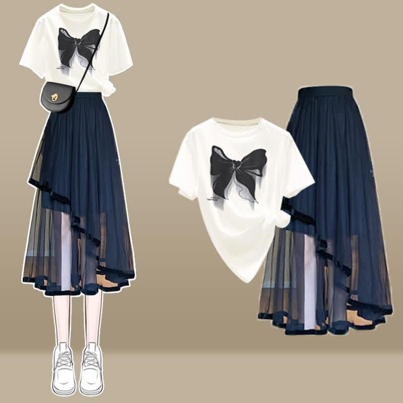 Cartoon Bow Print T-Shirt Irregular Tulle Skirt Two Pieces Set  |   T-Shirts Clothing Set A