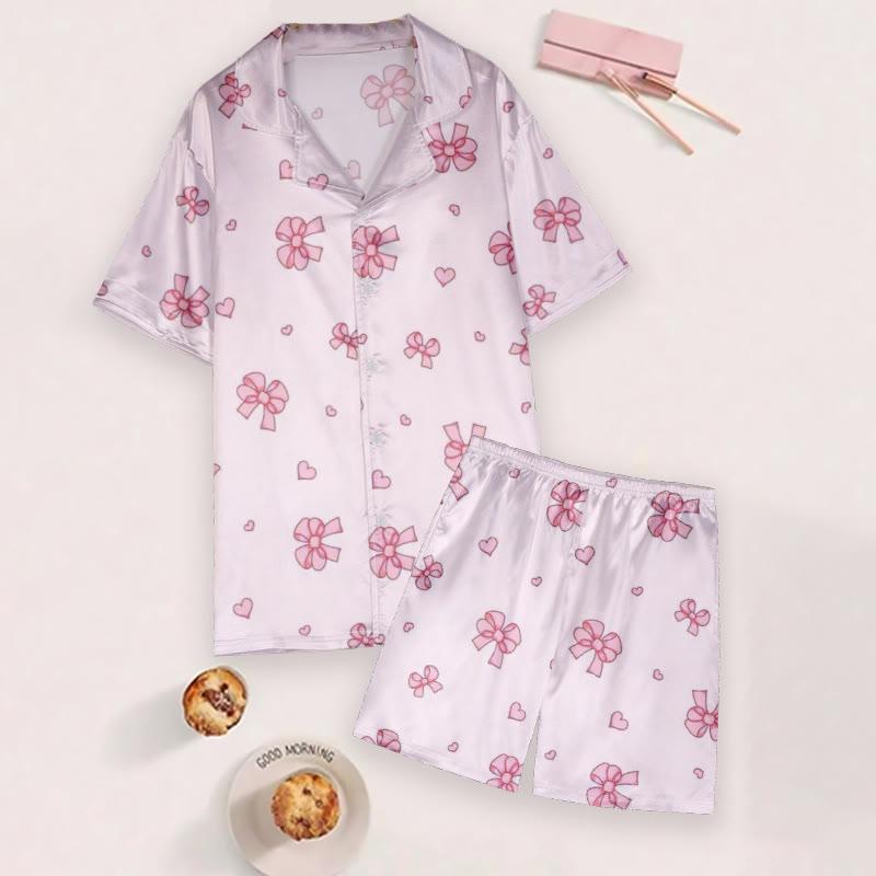 Cartoon Bow Print T-Shirt Shorts Pajamas  |   Shorts Clothing Pajamas