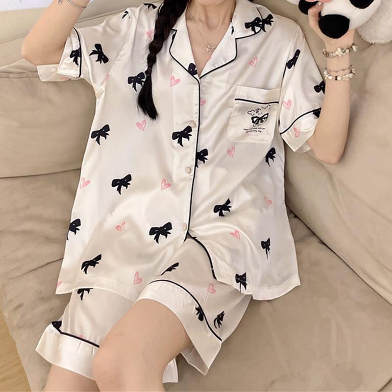 Cartoon Bowknot Print Summer Pajamas Two Piece Set  |   Pajamas Clothing Pajamas