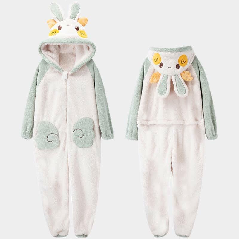 Cartoon Bunny Chic Pocket Plush Hooded Jumpsuit Pajamas  |   Pajamas Clothing Green