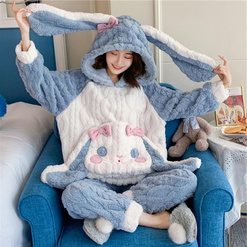 Cartoon Bunny Colorblock Plush Hooded Pajamas Set  |   Pajamas Clothing Blue