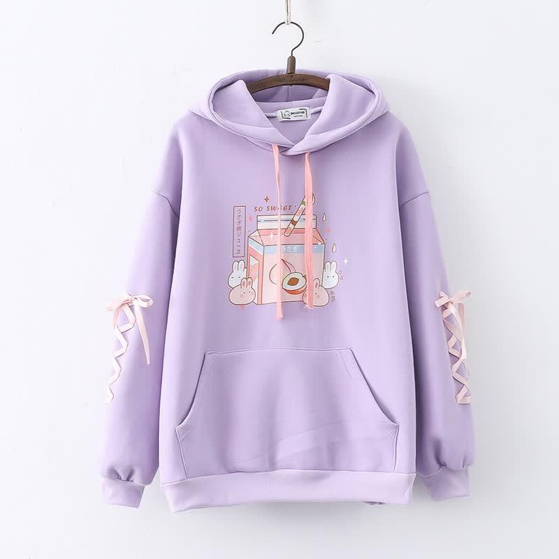 Cartoon Bunny Drinks Print Lace Up Pocket Plush Hoodie  |   Sweatshirts & Hoodies Clothing Apricot