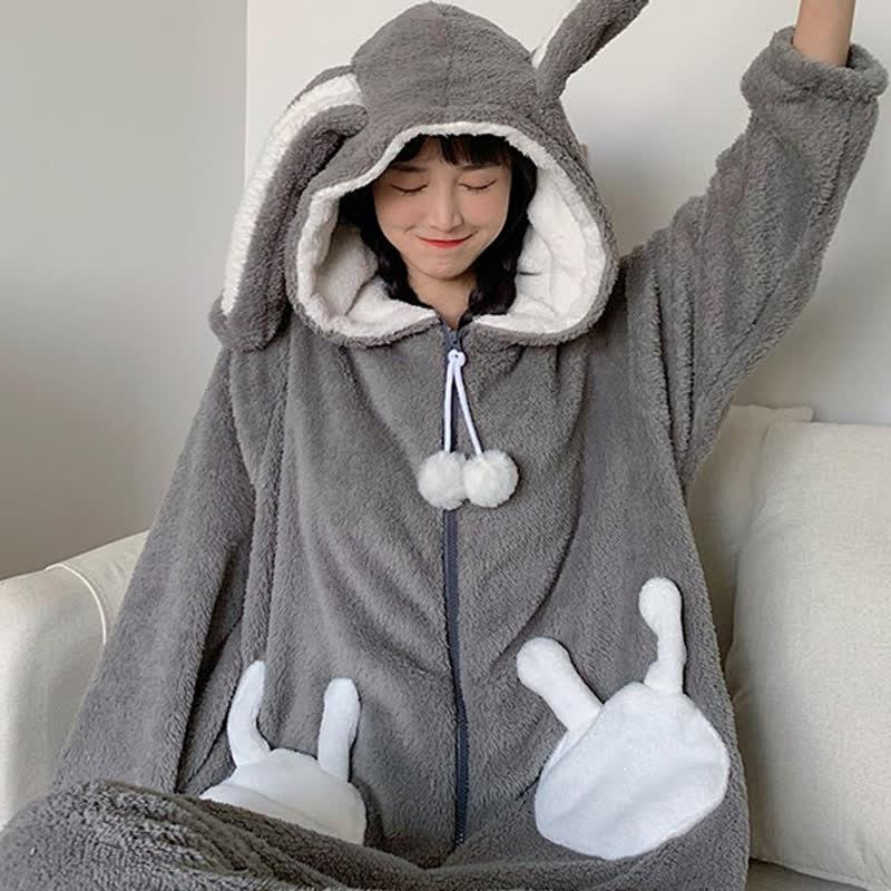 Cartoon Bunny Ears Zipper Plush Hooded Jumpsuit Pajamas  |   Pajamas Clothing Gray