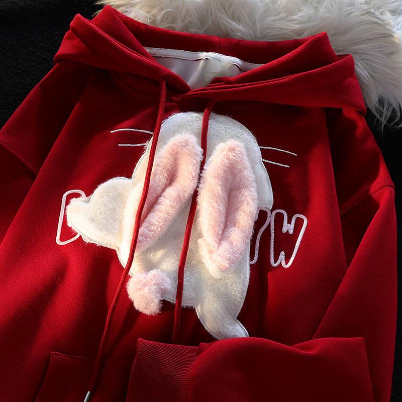 Cartoon Bunny Flocking Print Loose Hoodie  |   Sweatshirts & Hoodies Clothing Apricot