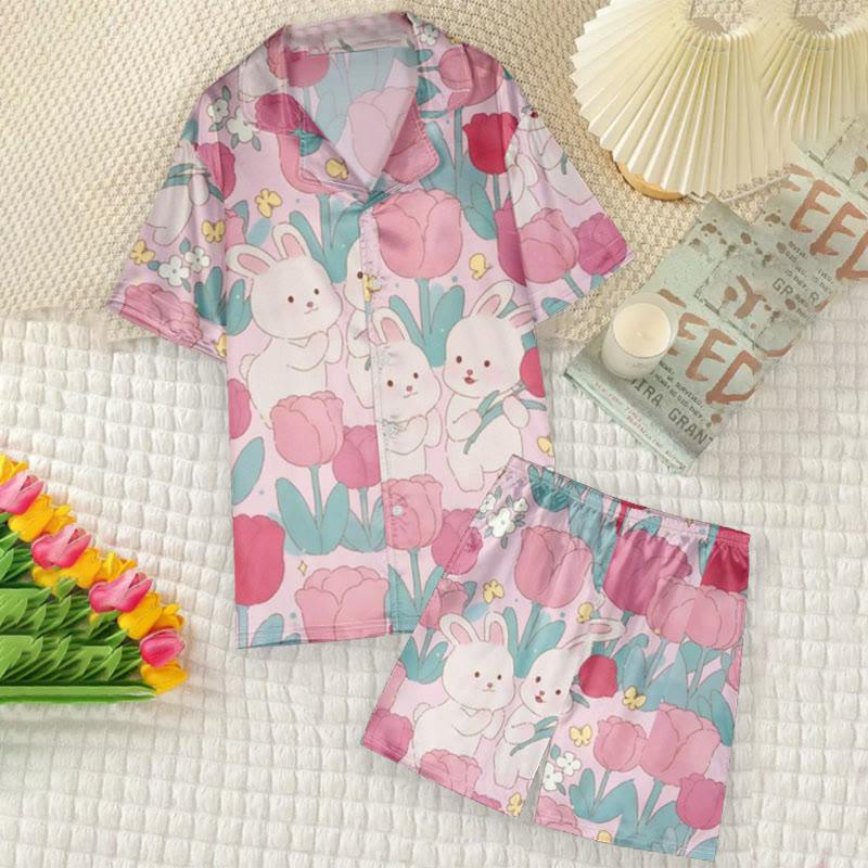 Cartoon Bunny Flower Print T-Shirt Shorts Pajamas  |   Pajamas Clothing Pajamas