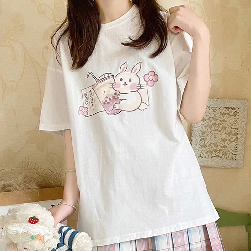 Cartoon Bunny Milk Tea Print Casual T-Shirt  |   T-Shirts Clothing Apricot