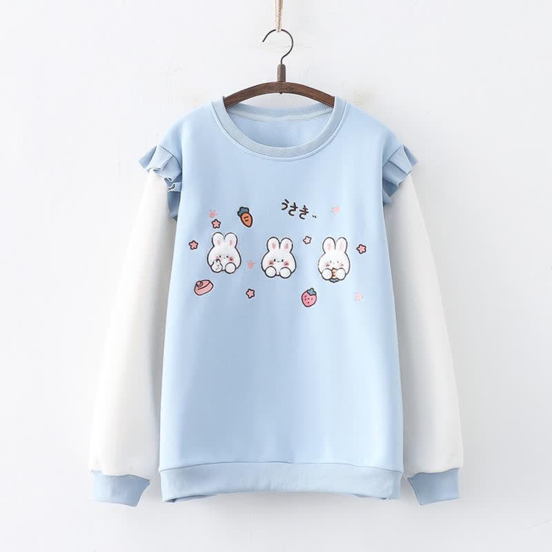 Cartoon Bunny Print Colorblock Loose Plush Sweatshirt  |   Sweatshirts & Hoodies Clothing Blue