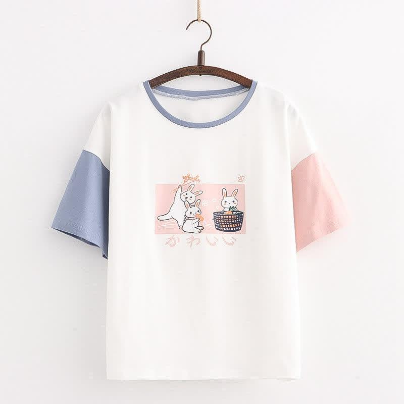 Cartoon Bunny Print Colorblock Sleeve Loose T-Shirt  |   T-Shirts Clothing Purple