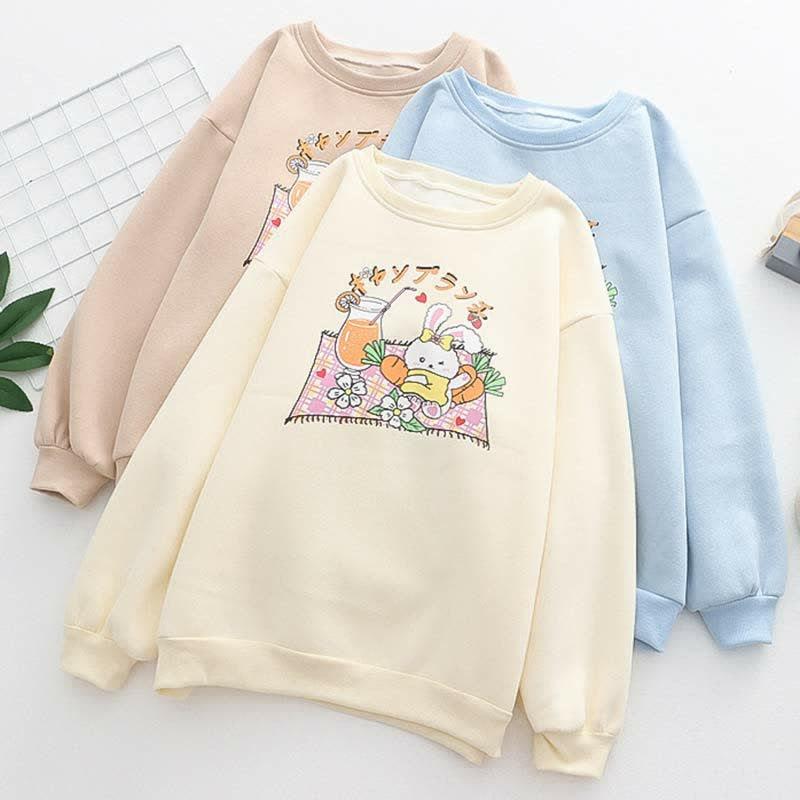 Cartoon Bunny Print Round Collar Plush Sweatshirt  |   Sweatshirts & Hoodies Clothing Apricot