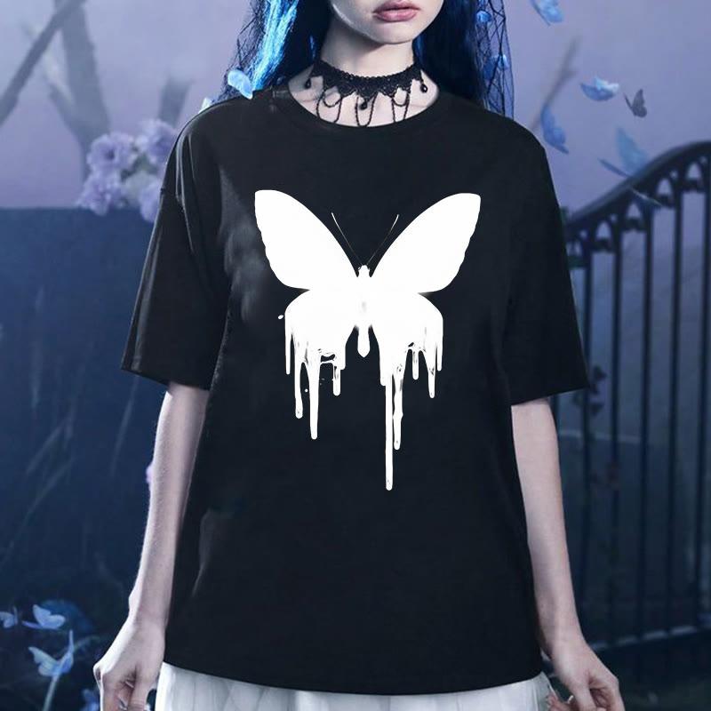 Cartoon Butterfly Print Loose Short Sleeve T-Shirt  |   T-Shirts Clothing Black