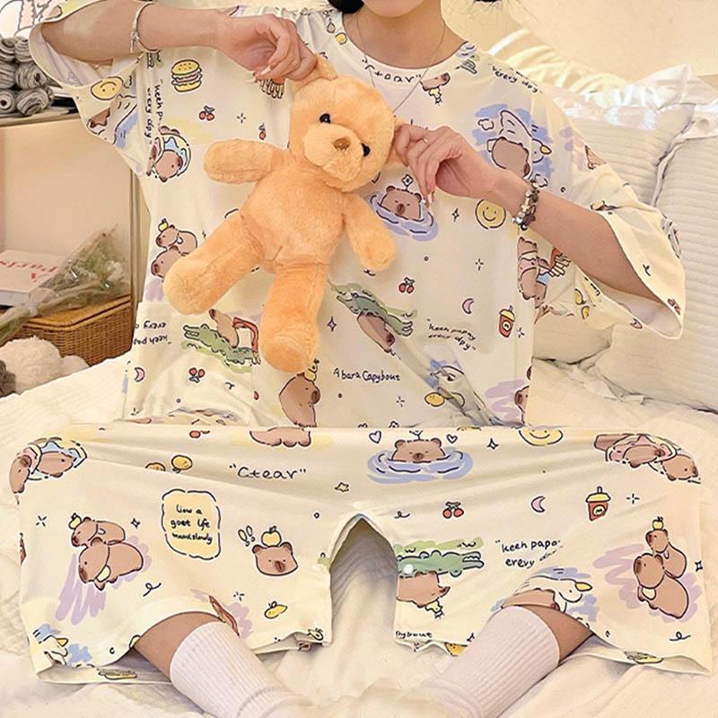 Cartoon Capybara Letter Oversized Loose Jumpsuit Pajamas Dress  |   Pajamas Clothing Beige