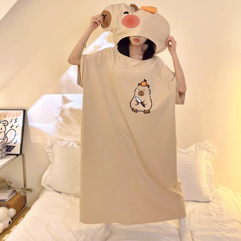 Cartoon Capybara Oversized Loose Hooded Pajamas Dress  |   Pajamas Clothing Beige