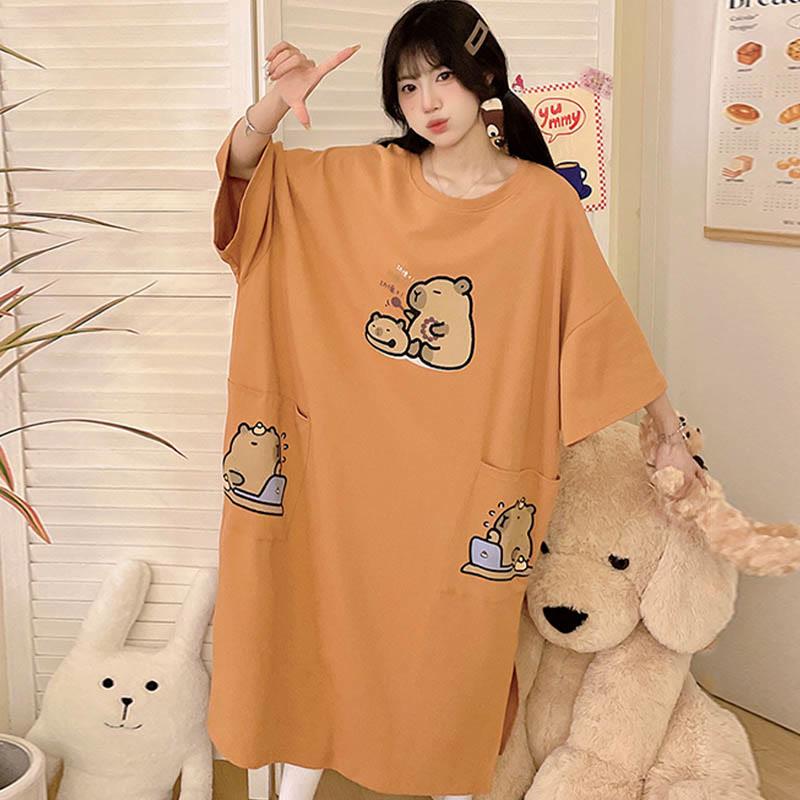 Cartoon Capybara Print Oversized Loose Pajama Dress  |   Pajamas Clothing Orange