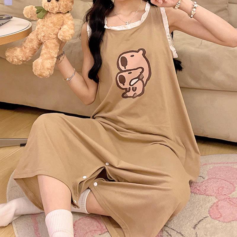 Cartoon Capybara Sleeveless Oversized Loose Jumpsuit Pajamas Dress  |   Pajamas Clothing Brown